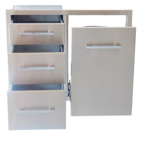 Sunstone Grills Signature Series 30-Inch Stainless Steel Beveled Frame Roll-Out Propane Tank Bin & Triple Drawer Combo-Front-Open-View