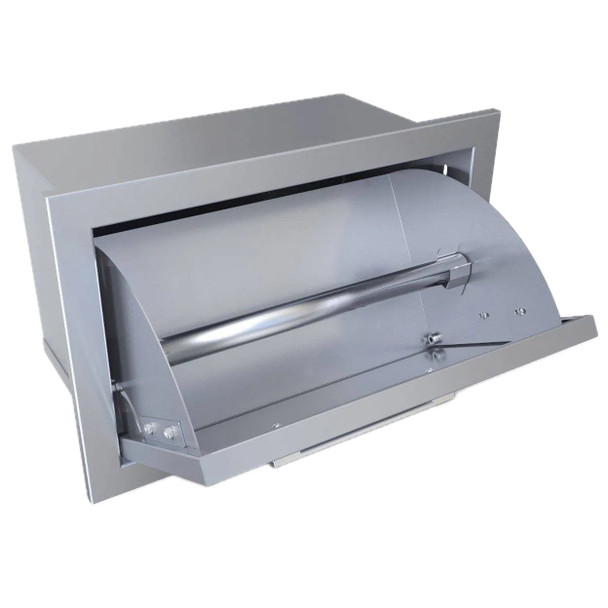 Sunstone Grills Signature Series 17-Inch Stainless Steel Beveled Frame Tilt-Out Paper Towel Bin-Open-Empty-View