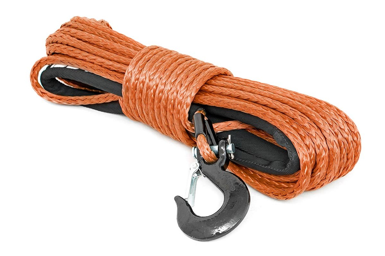 Synthetic Rope 85 Feet Rated Up to 16,000 Lbs 3/8 Inch Includes Clevis Hook  and Protective Sleeve Green Rough Country