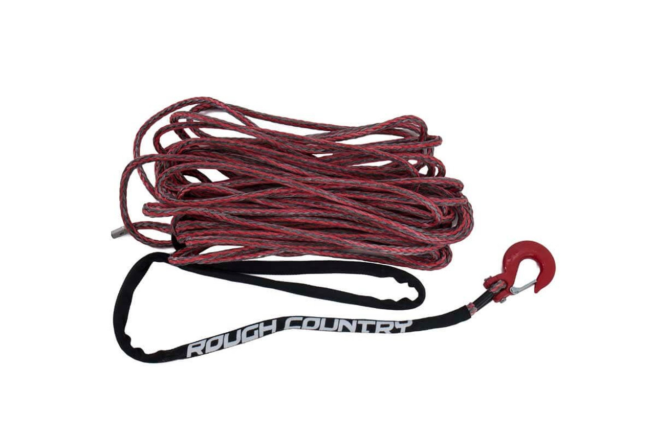 Synthetic Rope 85 Feet Rated Up to 16,000 Lbs 3/8 Inch Includes Clevis Hook and Protective Sleeve Red/Grey Combo Rough Country