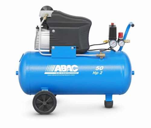 ABAC 50 LITRE 2HP AIR COMPRESSOR, It also has large wheels and a handle for moving the machine around while you’re working.
