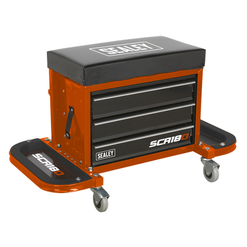 Sealey Mechanics Seat with Tool Storage SCR18O | Mobile utility seat, toolbox solution for keeping commonly used tools to hand. | toolforce.ie