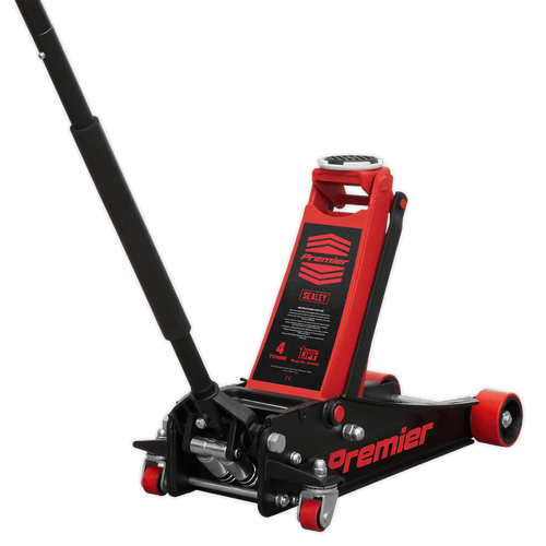 The Trolley Jack- 4Tonne Rocket Lift from Sealey (Red) has a heavy base design and large jacking saddle for increased load stability.