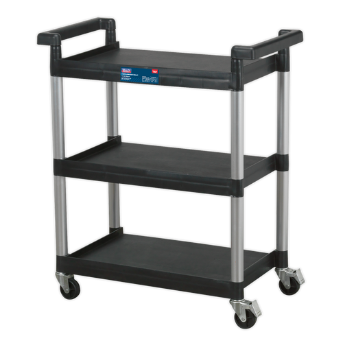 Sealey Workshop Trolley 3-Level CX308 | Composite garage workshop trolley with a 30kg capacity per shelf. | Four large castors, two locking. | toolforce.ie