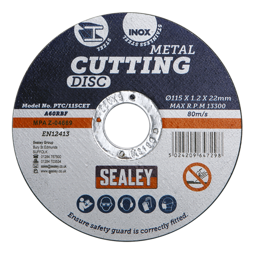 Sealey Cutting Disc Ø115 x 1.2mm 22mm Bore PTC/115CET | Recommended for use with Sealey and other leading makes of grinding and cutting power tools. | toolforce.ie