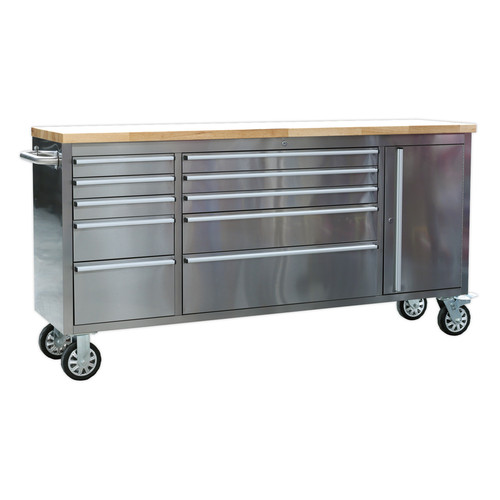 Sealey Mobile Stainless Steel Tool Cabinet 10 Drawer with Side Tool Compartment AP7210SS | Anti-fingerprint stainless steel construction. | toolforce.ie