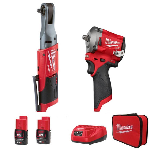 Milwaukee M12 Fuel Impact Wrench and Ratchet Twin Pack M12FPP2H-202B