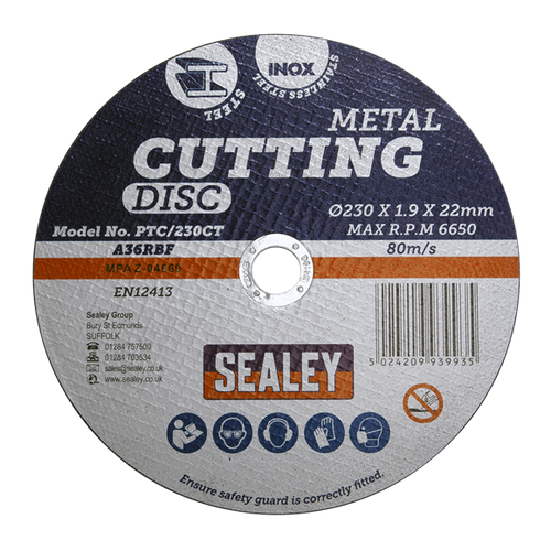 Sealey Cutting Disc 230 x 2mm 22mm Bore PTC/230CT | General purpose flat cutting disc recommended for use with Sealey and other leading makes of grinding and cutting power tools. | toolforce.ie