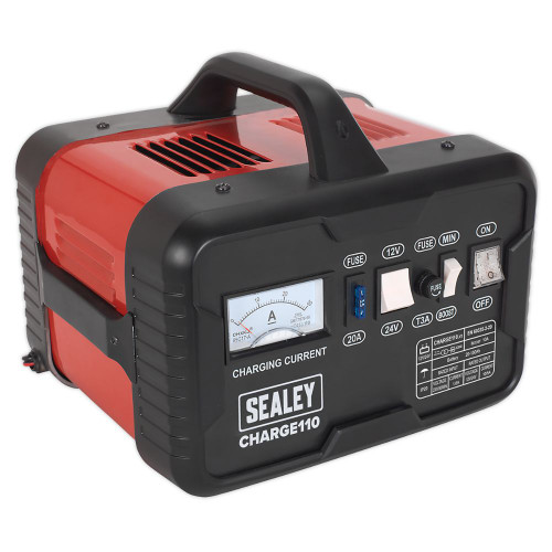 Sealey Battery Charger 14Amp 12/24V 230V CHARGE110 | Supplied in steel case with carry handle, this single phase charger features plenty of ventilation to help maintain low transformer temperatures. | toolforce.ie