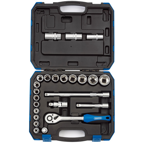 Draper Metric Socket Set, 1/2" Sq. Dr. (24 Piece) (HD24M) | Six point sockets made from chrome vanadium steel that's hardened and tempered with a satin finish. | toolforce.ie