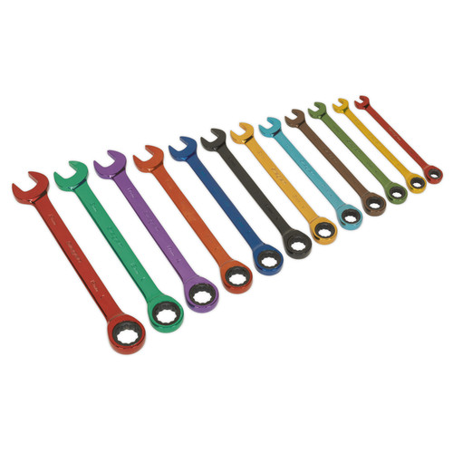 Ratchet Combination Spanner Set 12pc Multi-Coloured Metric | Multi-coloured, Chrome Vanadium steel ratchet combination spanner set. | toolforce.ie