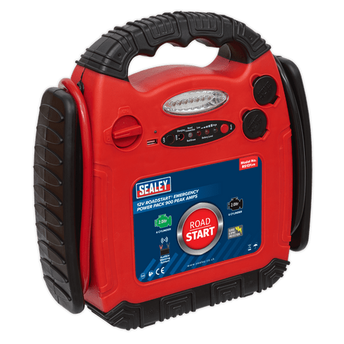 Sealey RoadStart® Emergency Power Pack 12V 900 Peak Amps RS131 | Composite case with moulded rubber protection, integral battery cable storage and carry handle. | toolforce.ie