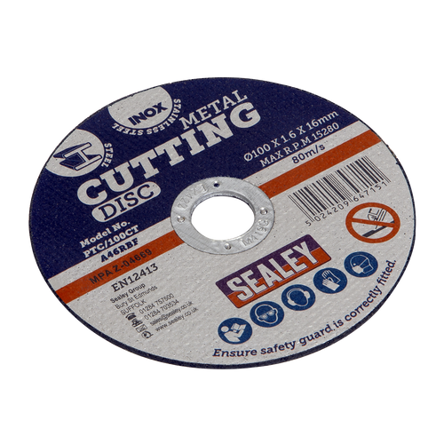 Sealey Cutting Disc Ø100 x 1.6mm 16mm Bore PTC/100CT | General purpose flat cutting disc recommended for use with Sealey and other leading makes of grinding and cutting power tools. | toolforce.ie