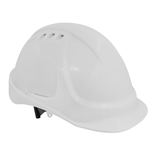 Sealey Safety Helmet - Vented (White) 502W | Material webbing cradle rather than rigid plastic means greater comfort when wearing all day. | toolforce.ie