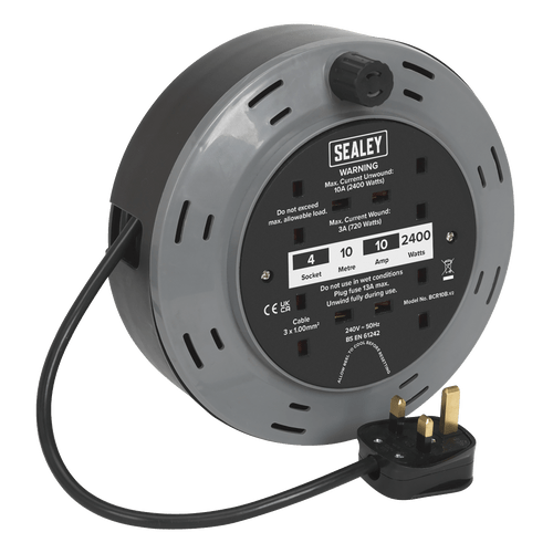Sealey Cassette Type Cable Reel 10m 4 x 230V 1.00mm² Thermal Trip BCR10B