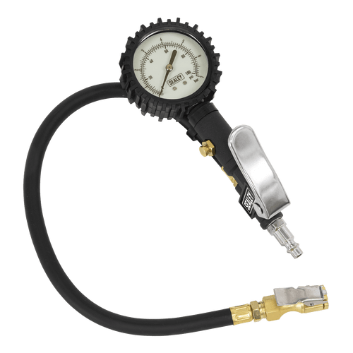 Sealey Tyre Inflator with Clip-On Connector SA399 | Die-cast body and dial type gauge with rubber protector. | toolforce.ie