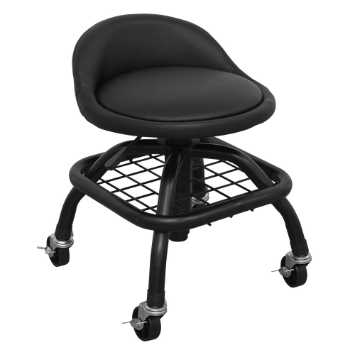 Sealey Creeper Stool Pneumatic with Adjustable Height Swivel Seat & Back Rest SCR02B | Four legged heavy-duty steel construction with a black powder coat finish for corrosion resistance. | toolforce.ie