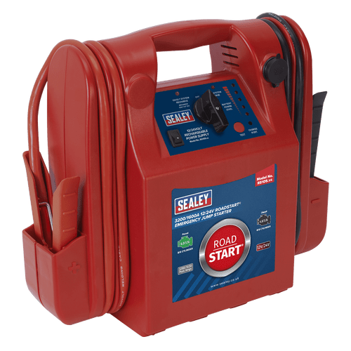 Sealey RoadStart® Emergency Jump Starter 12/24V 3200/1600 Peak Amps RS105 | Composite case with integral battery clip storage and carry handle. | toolforce.ie