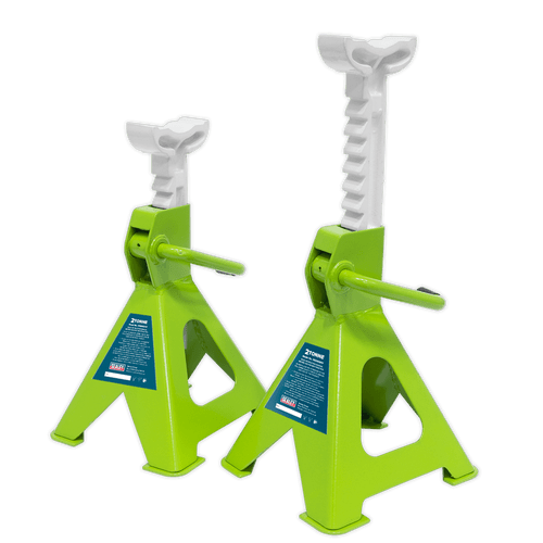 Sealey Axle Stands (Pair) 2tonne Capacity per Stand Ratchet Type - Hi-Vis Green VS2002HV | Ratchet type axle stand with cast iron support post and tough steel-plate welded base. | toolforce.ie