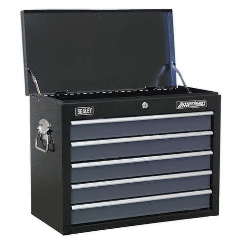 Sealey Topchest 5 Drawer with Ball Bearing Slides - Black/Grey AP3505TB | Features drop-down carry handles, smooth ball bearing drawer slides, cylinder lock and steel bars that can be locked into place to keep drawers shut for additional security.