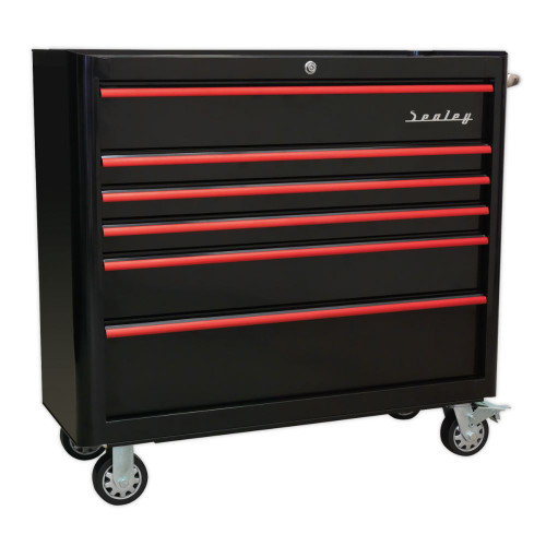 Sealey Rollcab 6 Drawer Wide Retro Style - Black with Red Anodised Drawer Pulls AP41206BR