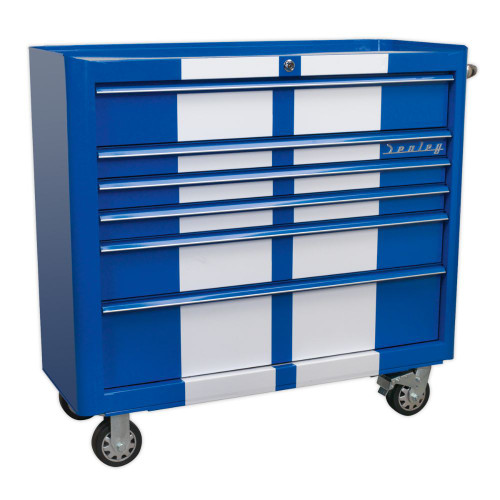 Sealey Rollcab 6 Drawer Wide Retro Style - Blue with White Stripes AP41206BWS