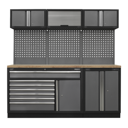 Sealey Modular Tool Storage System Wooden Worktop 2.04m APMSSTACK11W, Tough and durable construction with a hammered metal finish.
