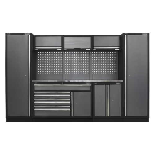 Sealey Modular Tool Storage System Stainless Steel Worktop 3.24M APMSSTACK13SS, Tough and durable construction with a hammered metal finish.