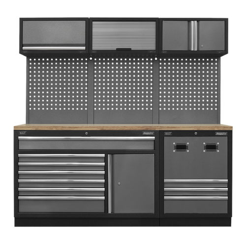 Sealey Modular Tool Storage System Wooden Worktop APMSSTACK14W, Tough and durable construction with a hammered metal finish.