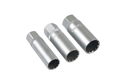 Laser Thin Wall Spark Plug Socket Set 3/8" Dr 3pc 7295, Thin wall set for use on modern engines with limited plug clearance.