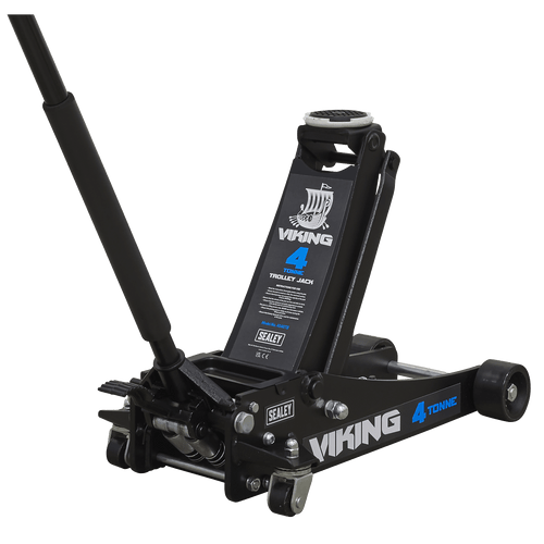 Viking Tyre Bay Trolley Jack 4tonne Low Entry with Rocket Lift | Heavy-duty 10mm gauge steel base design with large jacking pad for greater strength and load stability. | toolforce.ie