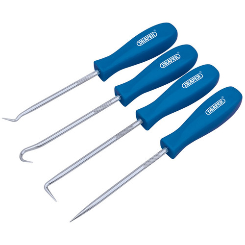 Draper Mini Hook and Pick Set (4 Piece) 51763 | Designed to ease the removal of 'O' rings, split pins, seals and bushes in various automotive and engineering applications.