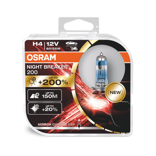 OSRAM Night Breaker 200 H4 12v 60/55W 200% Brighter Bulb , Generates up to 200% more brightness and up to 20% whiter light compared to the minimum legal standard.