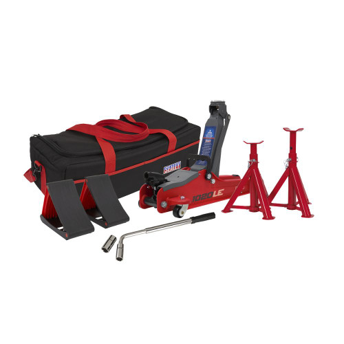 Sealey Trolley Jack 2 Tonne Low Entry Short Chassis & Accessories Bag Combo - Red 1020LEBAGCOMBO