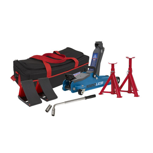 Sealey Trolley Jack 2 Tonne Low Entry Short Chassis & Accessories Bag Combo - Blue 1020LEBBAGCOMBO