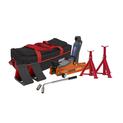 Sealey Trolley Jack 2 Tonne Low Entry Short Chassis & Accessories Bag Combo - Orange 1020LEOBAGCOMBO