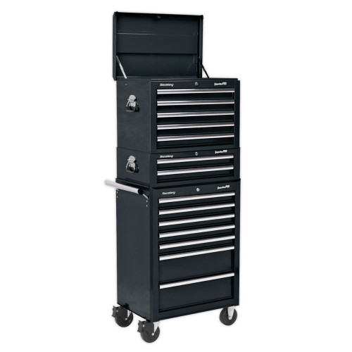 Sealey Topchest, Mid-Box & Rollcab Combination 14 Drawer with Ball-Bearing Slides - Black APSTACKTB