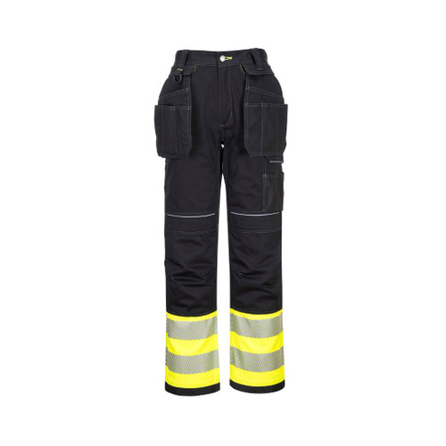 Portwest work trousers with Hi-Vis  reflective strips and pockets for phone, keys and tools and kneepad pockets.