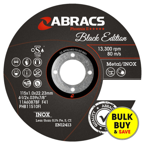Abracs Black Edition Extra Thin Phoenix II Cutting Disc 115mm x 1.0mm x 22mm INOX PHB11510FI Bulk Buy