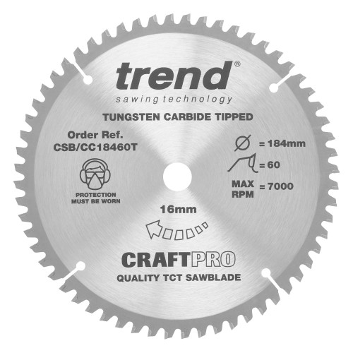 Trend CraftPro Wood Crosscut Mitre Saw Blade 184MM X 60T X 16MM CSB/CC18460T