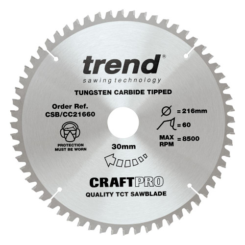 Trend CraftPro Wood Crosscut Mitre Saw Blade 216MM X 60T X 30MM CSB/CC21660