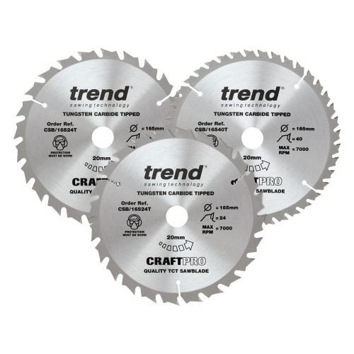 Trend 3 Pack of CraftPro 165mm Plunge Saw Blades 24T/ 2 X 40T CSB/165/3PK/C