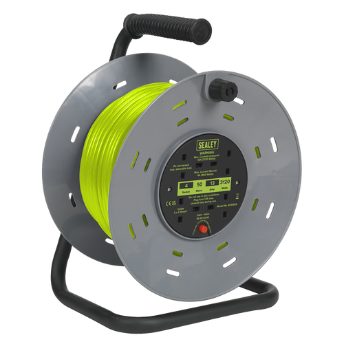 Sealey 50m Cable Reel with Thermal Trip 4 x 230V Sockets - Green BCR50G