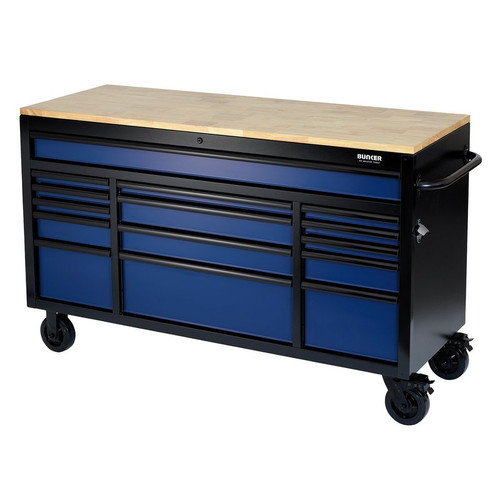 Draper Bunker 61" Blue Roller Workbench Tool Cabinet, 15 Drawers