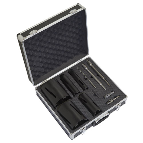 The Sealey Diamond 5 Core Kit WDCKIT5 is a comprehensive set that includes diamond cores of various sizes - Ø38, Ø52, Ø65, Ø117, Ø127mm.