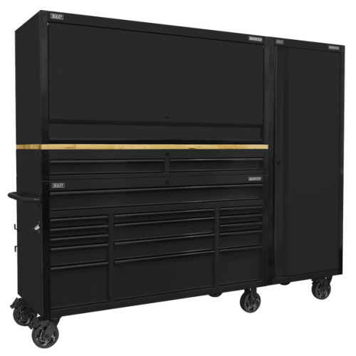 Sealey Superline PRO Black Edition Mobile Trolley with Wooden Worktop 15 Drawer, Hutch, 2 Drawer Riser & Side Locker 1549mm AP6215BECOMBO2