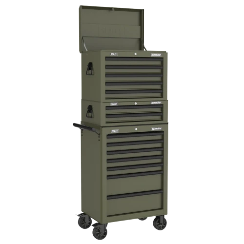 Sealey Superline PRO Topchest, Mid-Box Tool Chest & Rollcab Combination 14 Drawer - Khaki APSTACKTK