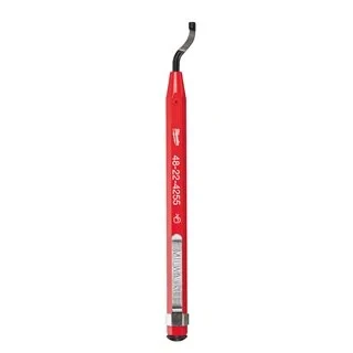 Milwaukee reaming pen deburring tool with a red handle and curved black reaming blade, shown vertically on a white background.