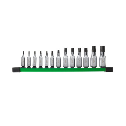Milwaukee 13-piece Torx bit socket set displayed on a green storage rail against a white background.