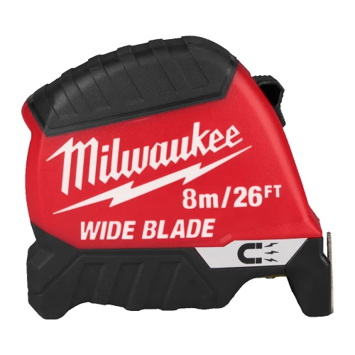 Milwaukee 8m/26ft Wide Blade Tape Measure with red and black housing, shown against a white background.